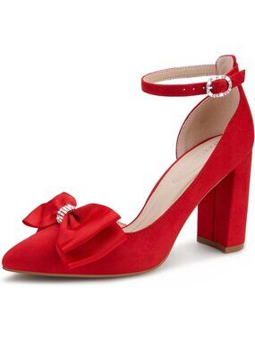 Women's Red Su Pointed Toe Pumps Bow on Toe Ankle Strap Chunky Block Heel